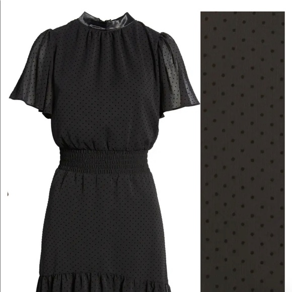 NWT Swiss dot black dress tie back Chelsea28 small mock neck waist defined - Picture 4 of 5